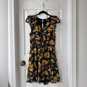 Floral Black and Yellow Dress Paige 100% silk XS
